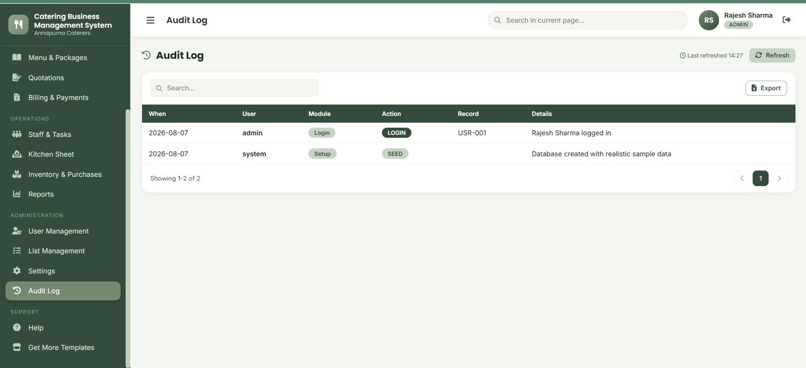 Catering audit log page with timestamp user module action record and details
