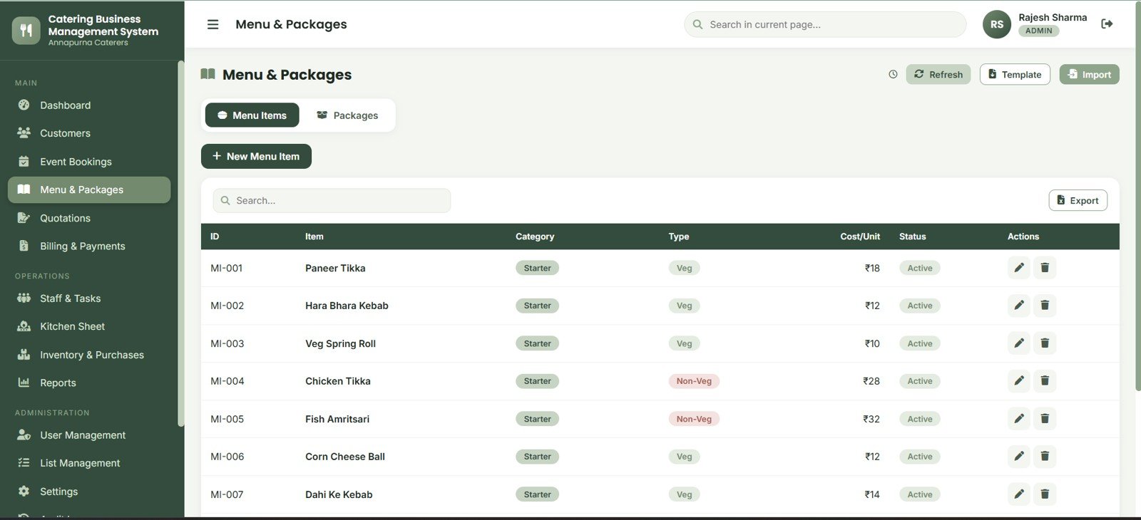 Catering menu and packages page with item category type and cost fields