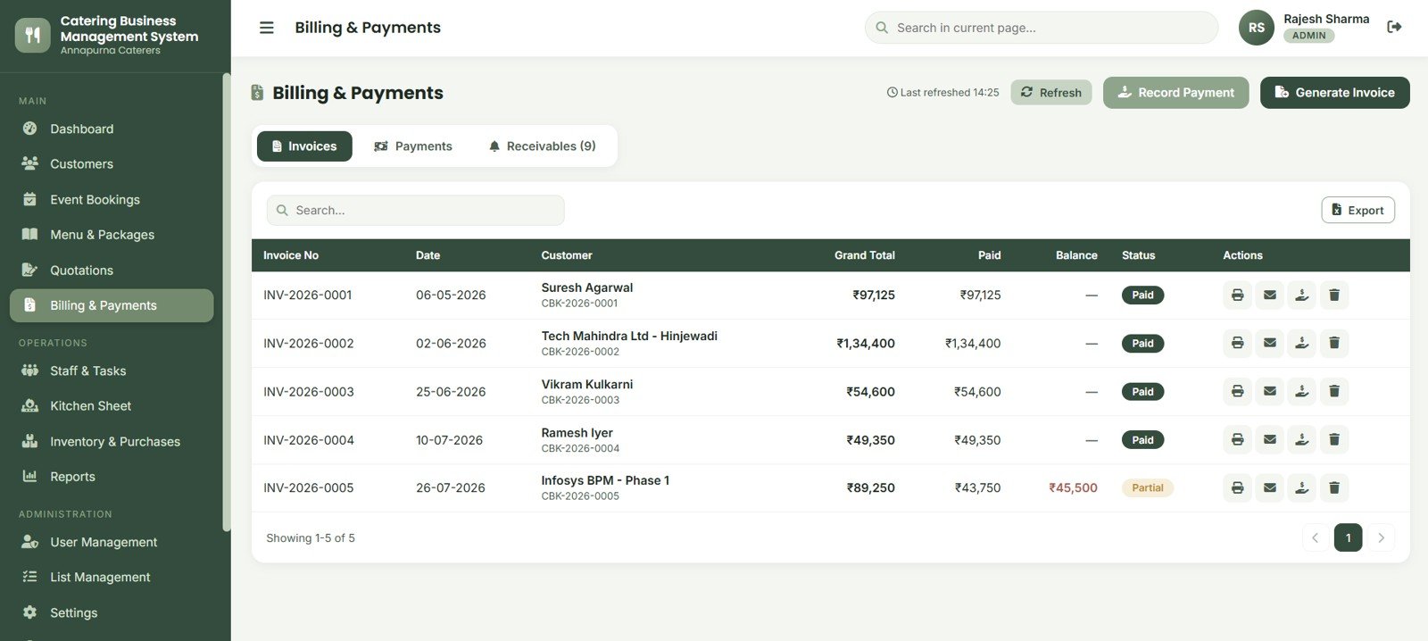 Catering billing and payments module with invoice total paid balance and status
