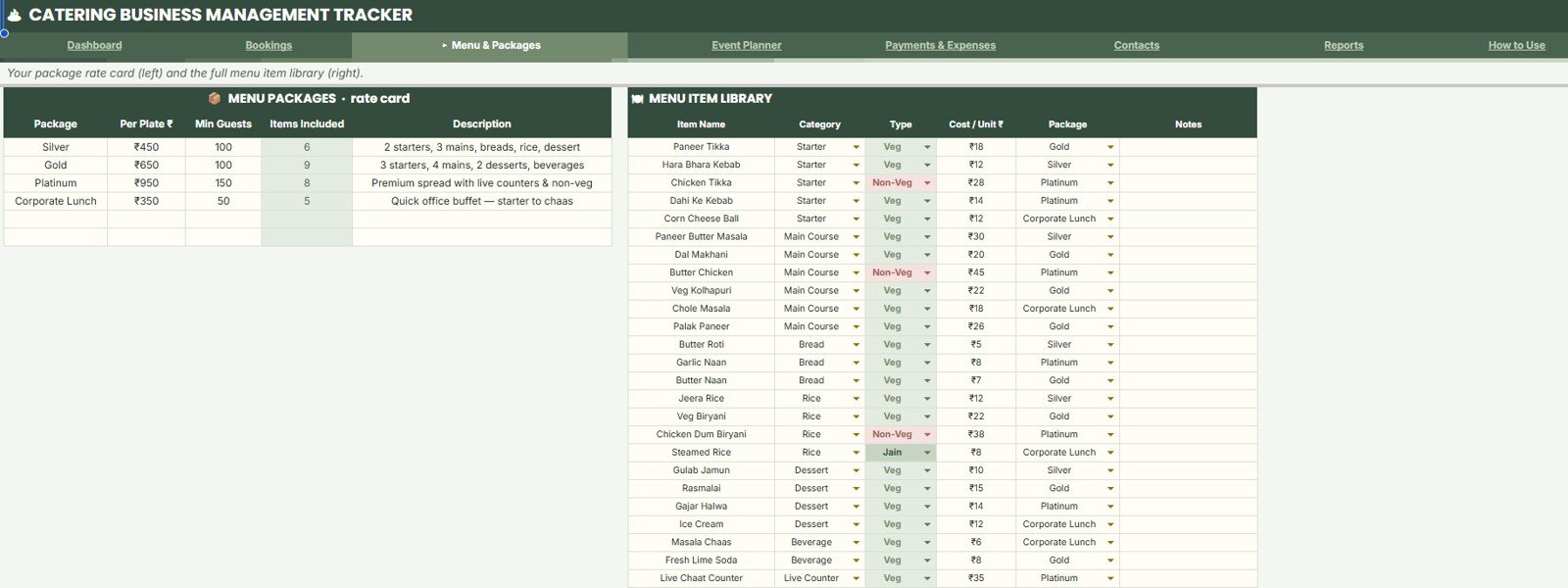 Menu Packages and Menu Item Library in Catering Business Management Tracker in Google Sheets