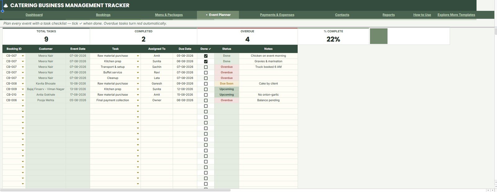 Event Planner sheet in Catering Business Management Tracker in Google Sheets