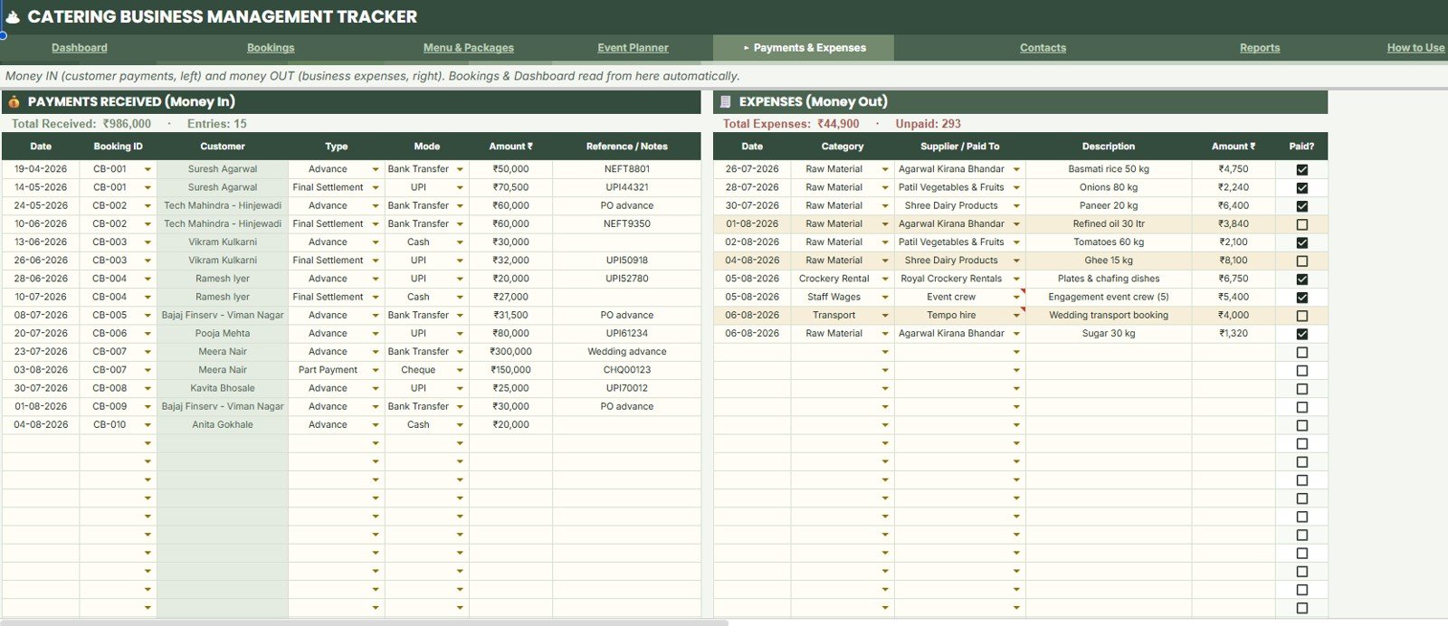 Payments and Expenses sheet in Catering Business Management Tracker in Google Sheets