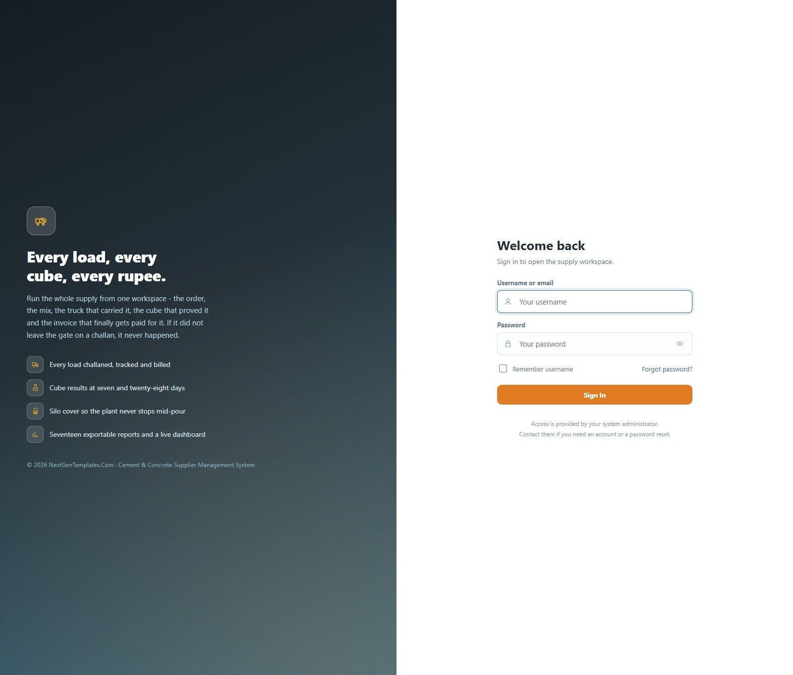 Cement and concrete supplier management system web app sign-in screen with role-based access