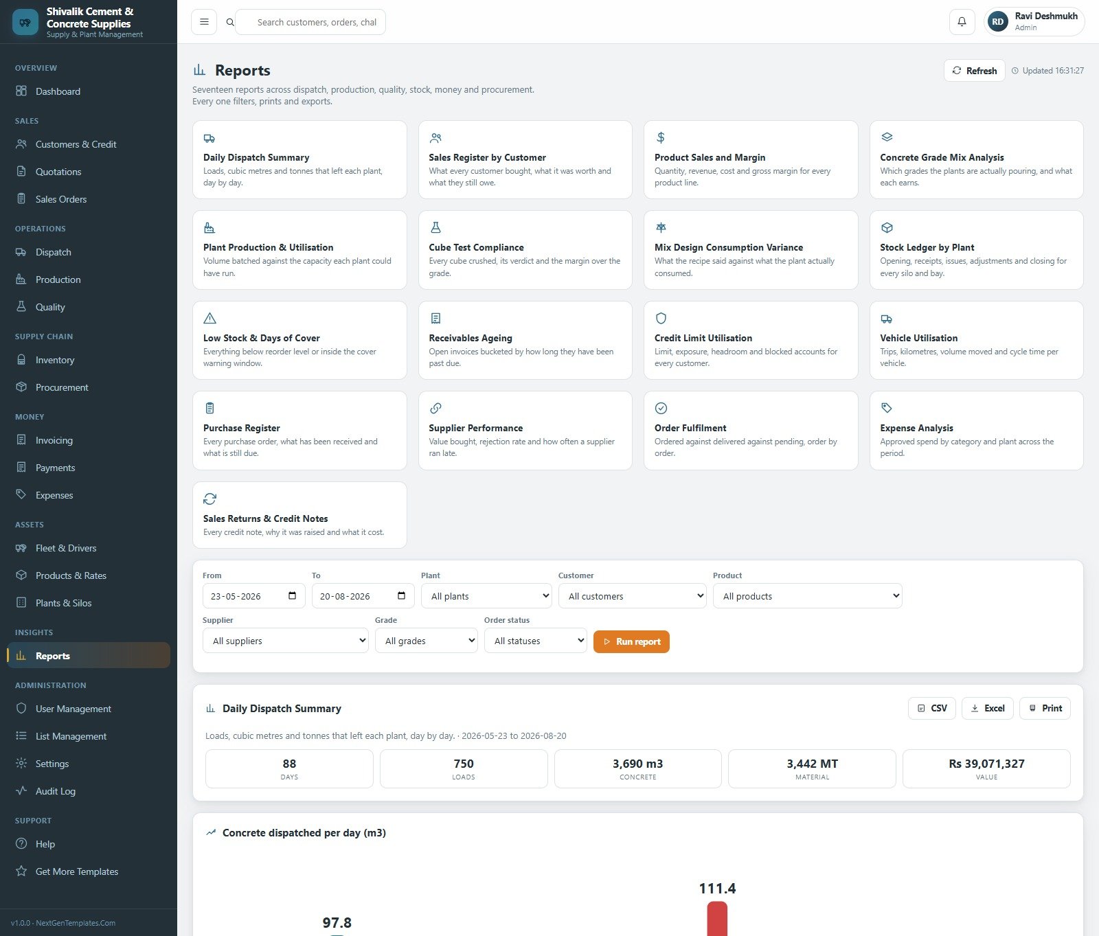 Reports page listing seventeen exportable reports across dispatch, quality and money