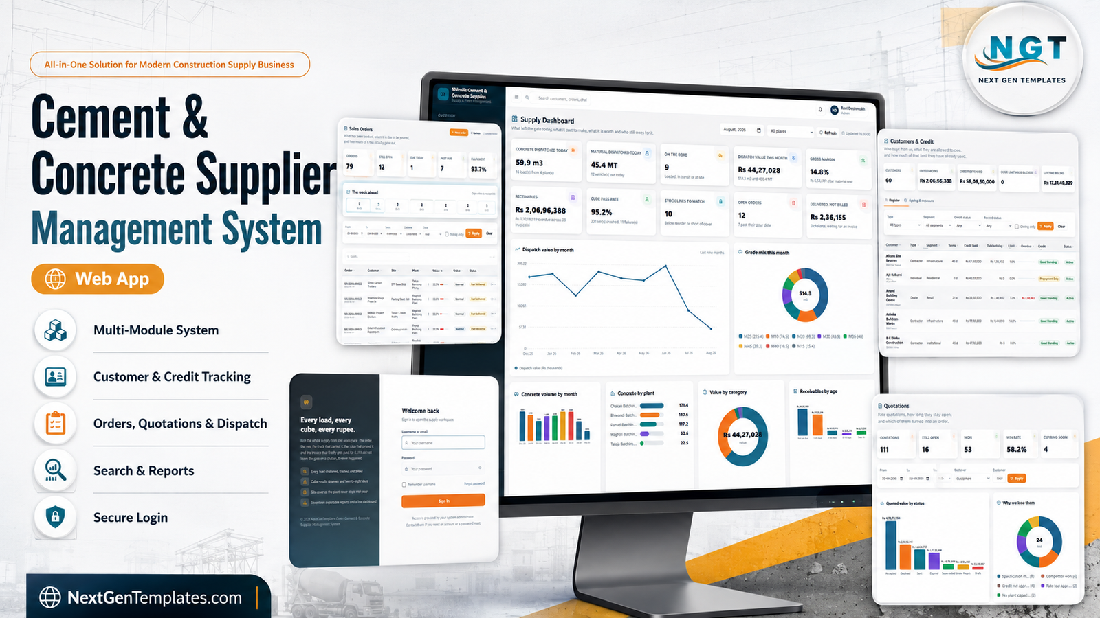 Cement and Concrete Supplier Management System Web App shown across dashboard, sales orders and quotations screens