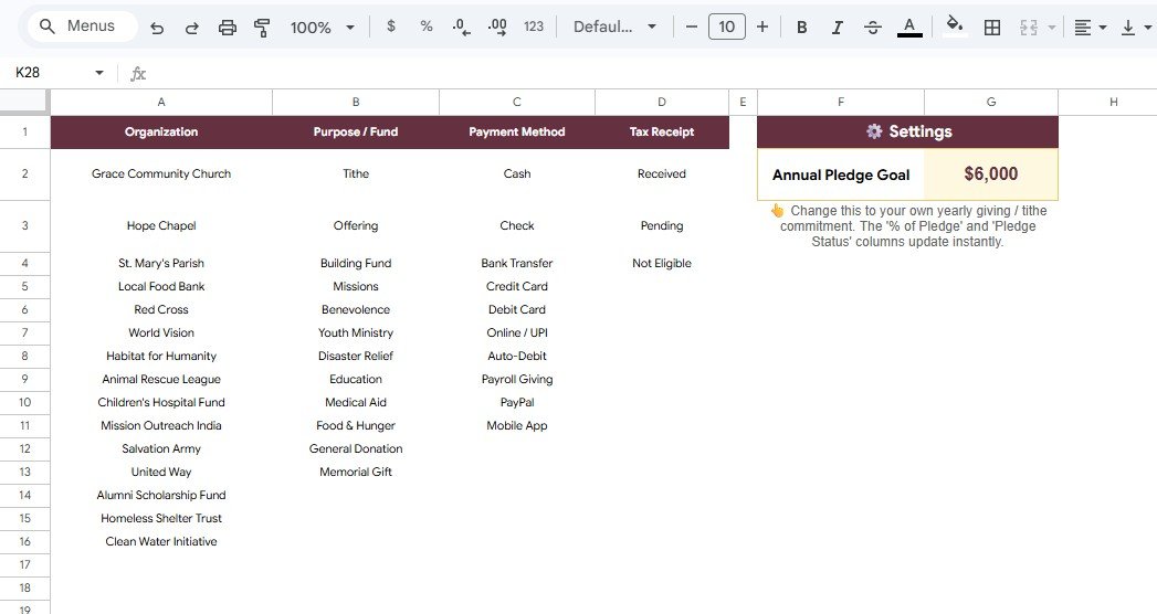 Settings Tab in Charitable Giving and Tithe Tracker in Google Sheets