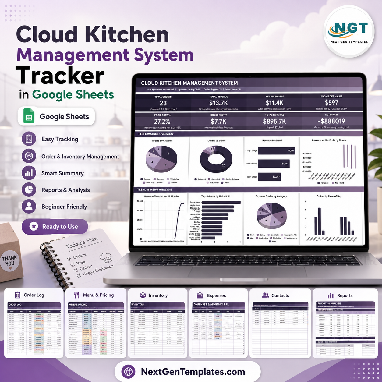 Cloud Kitchen Management System Tracker in Google Sheets