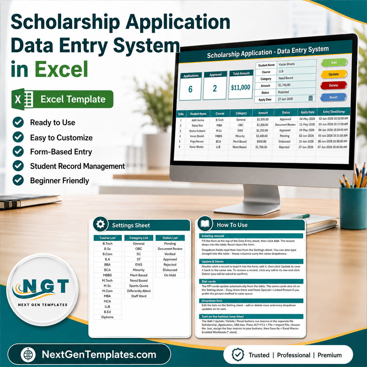 Scholarship Application Data Entry System in Excel