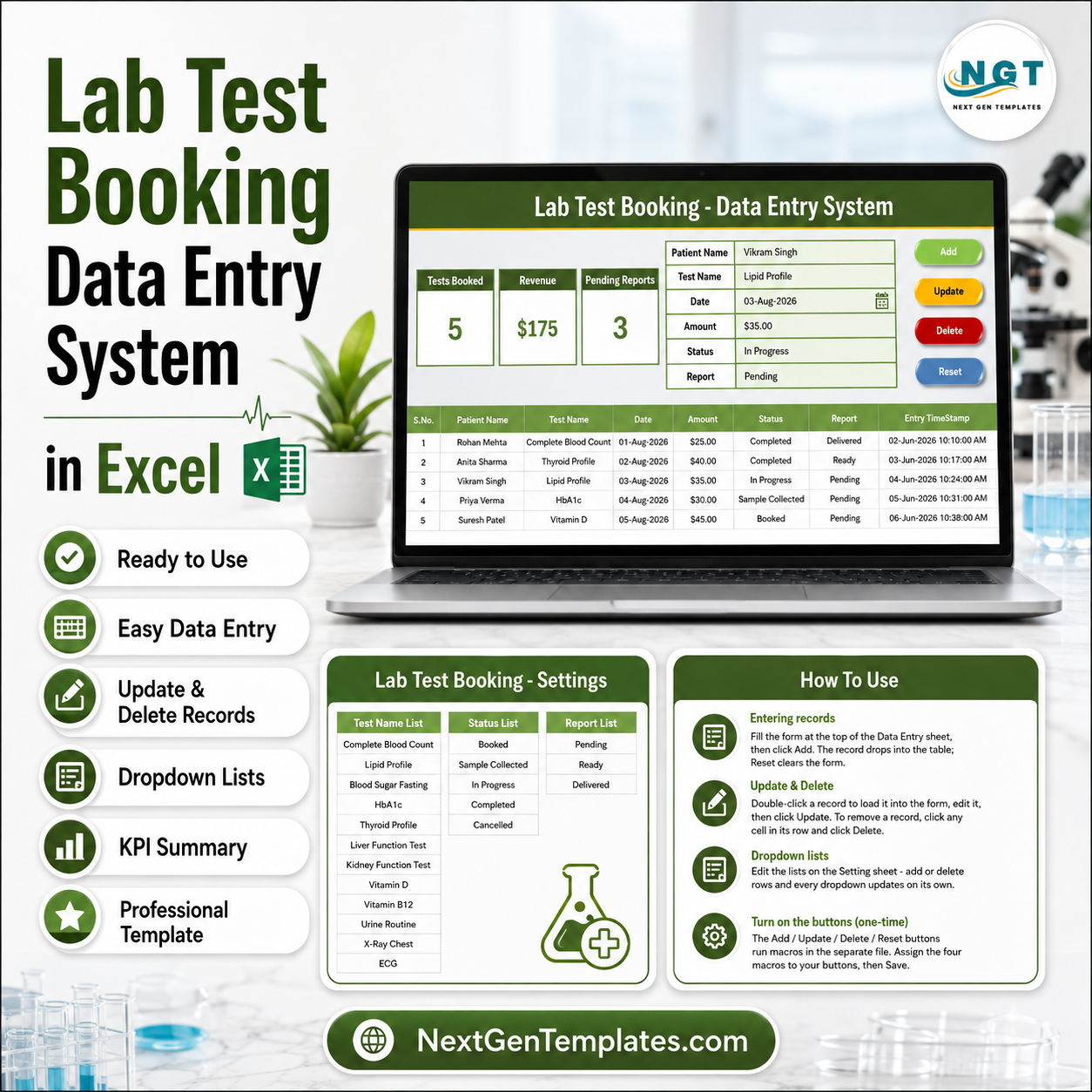Lab Test Booking Data Entry System in Excel