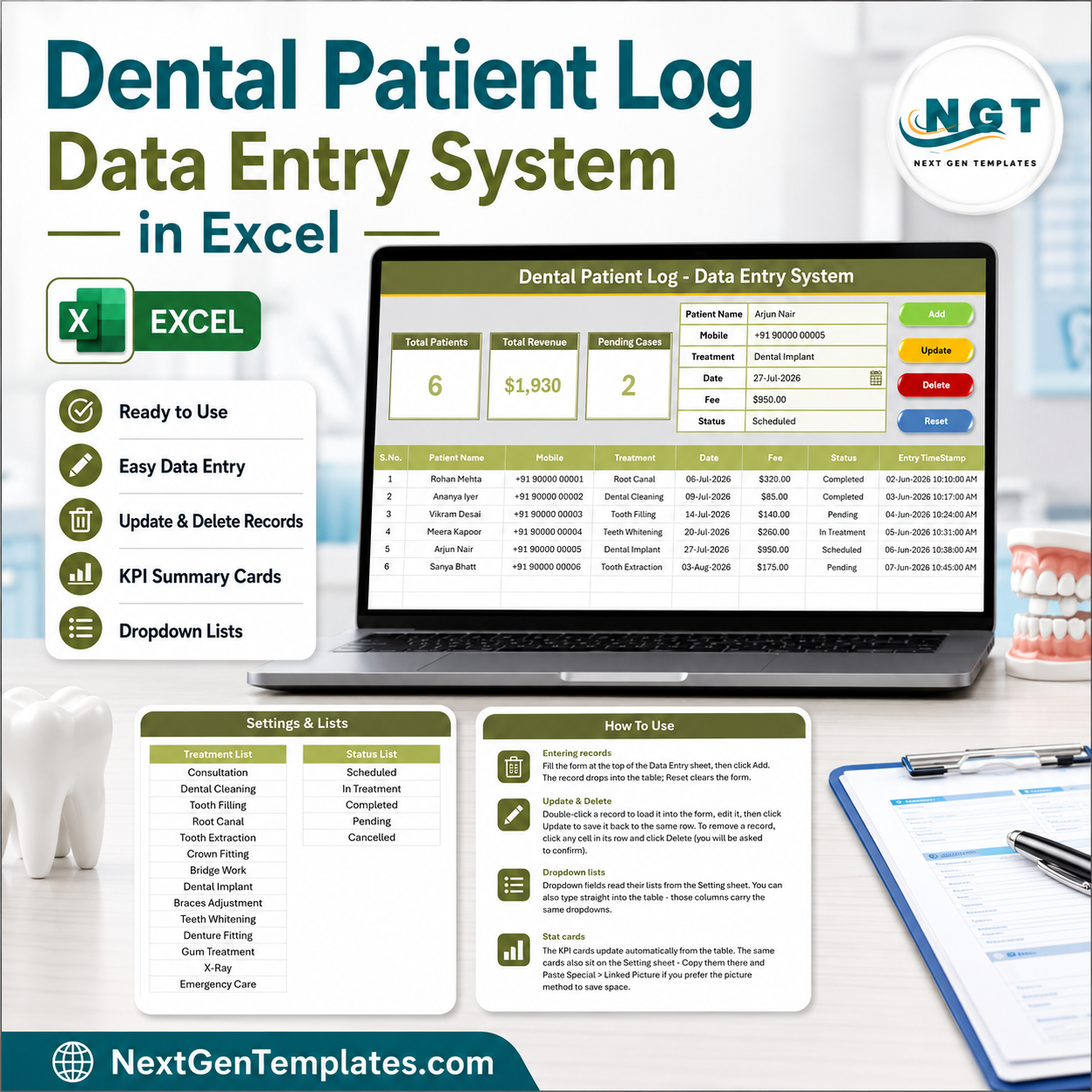 Dental Patient Log Data Entry System in Excel