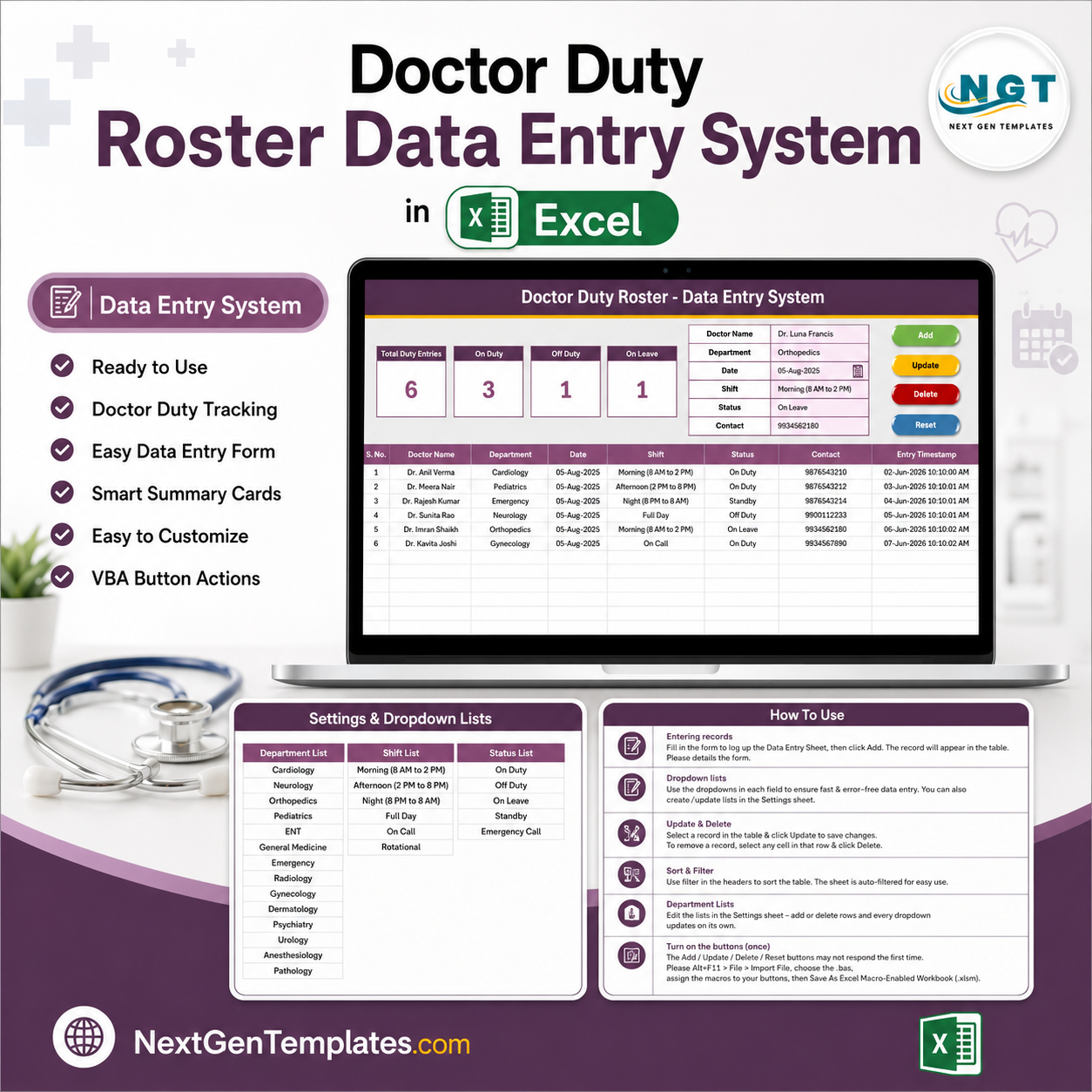 Doctor Duty Roster Data Entry System in Excel