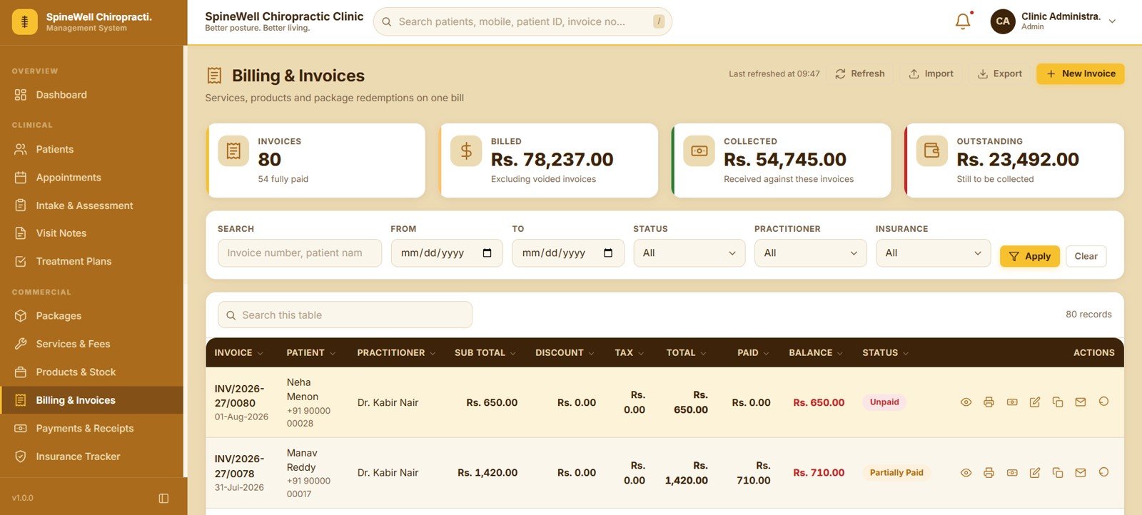 Chiropractic clinic billing and invoices