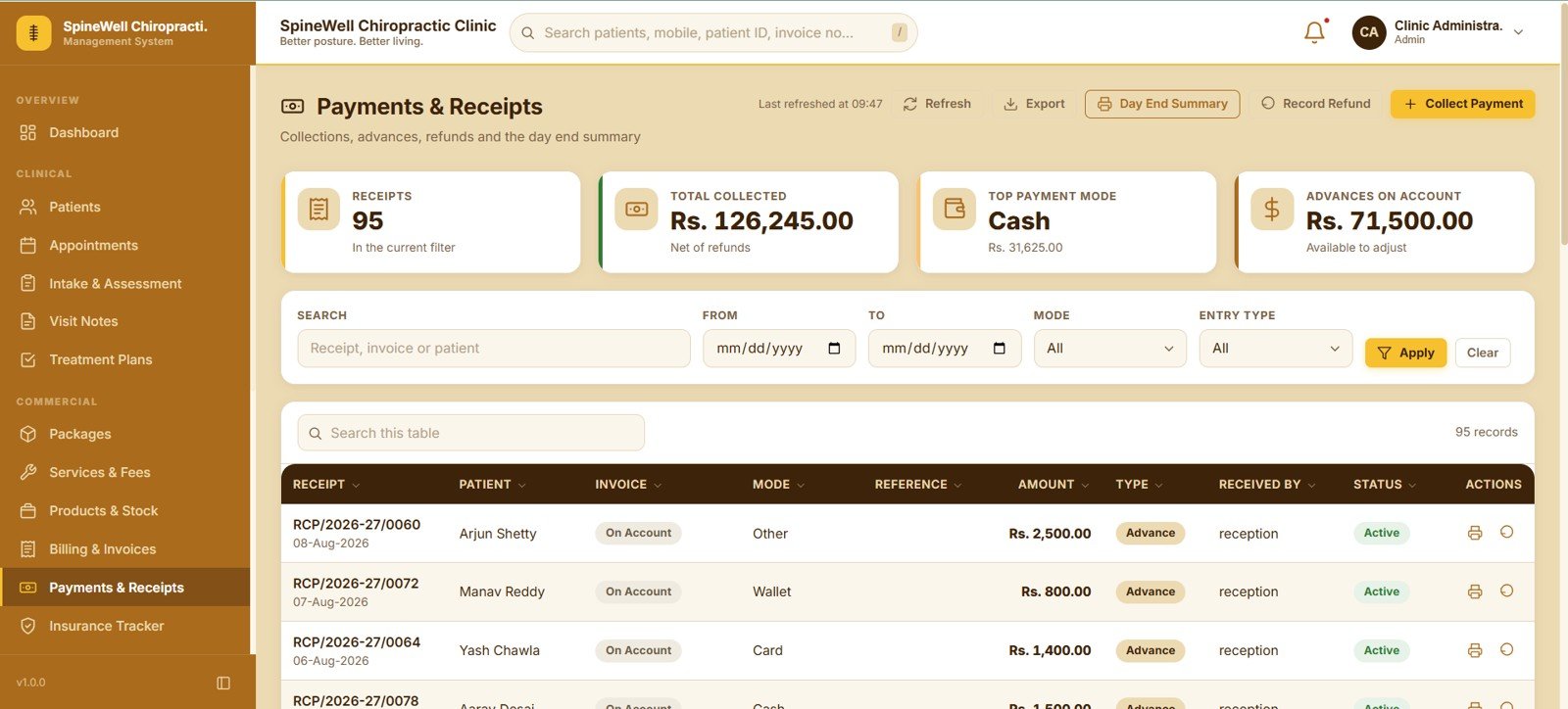 Clinic payments, receipts and day end summary