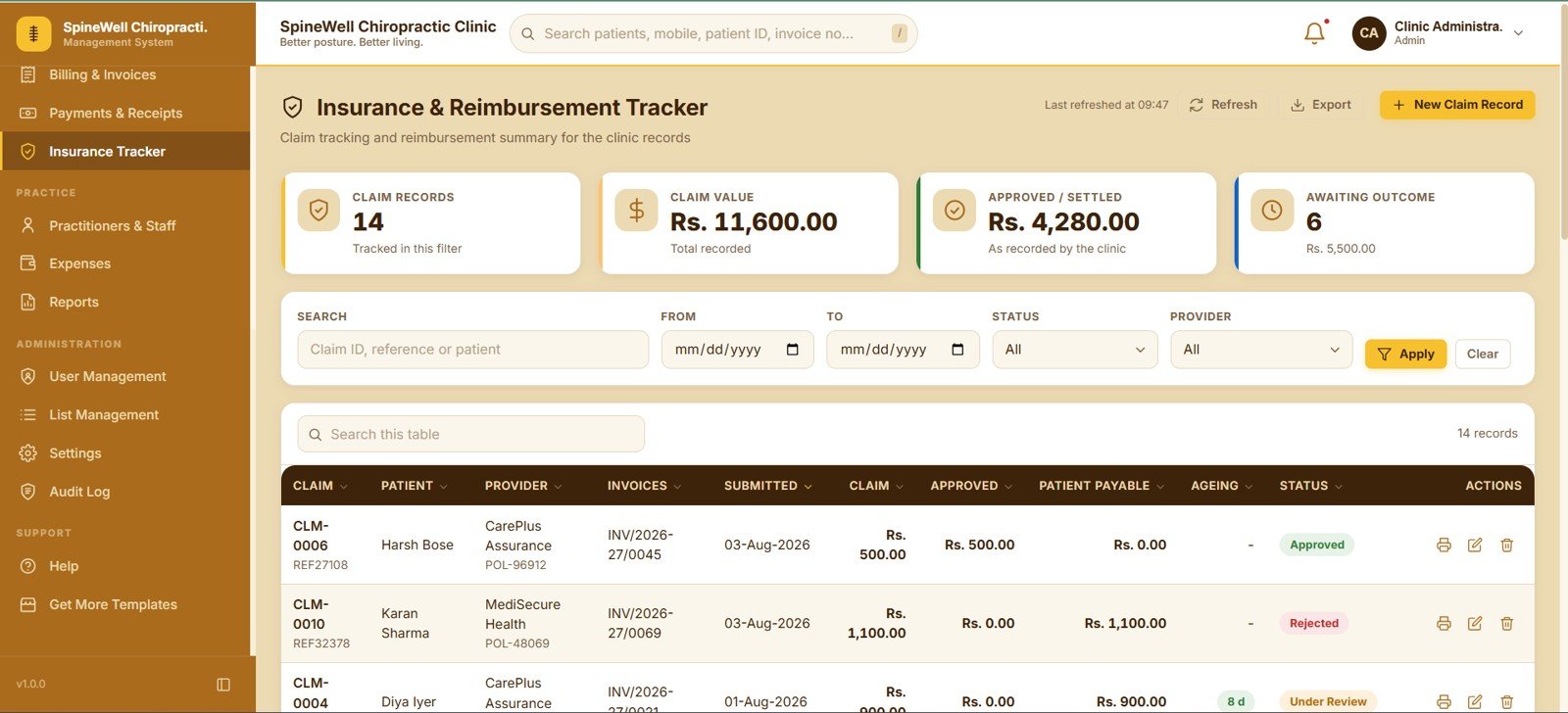 Insurance and reimbursement claim tracking
