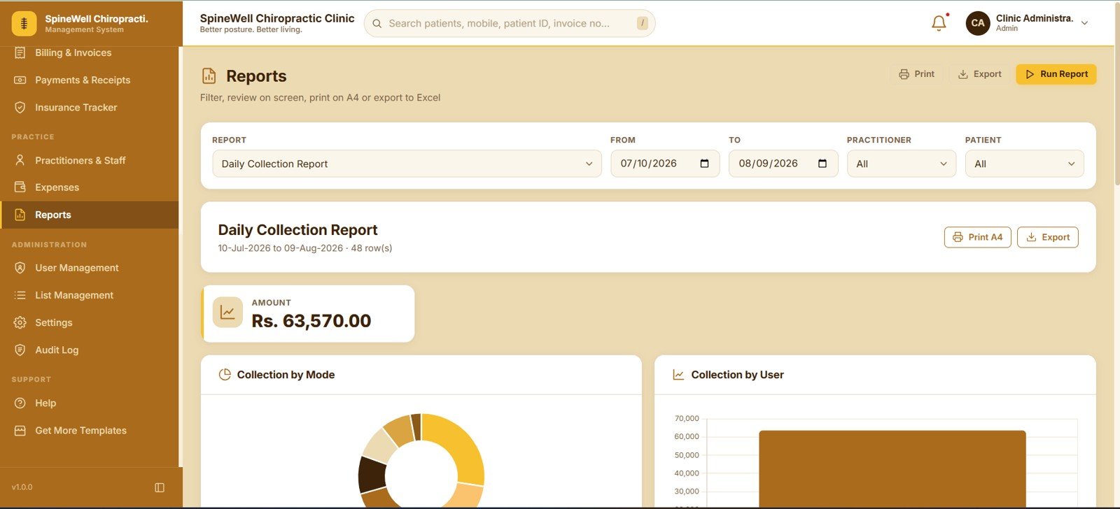 Chiropractic clinic reports and daily collection report