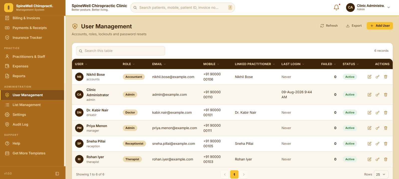 User management and roles in the clinic web app