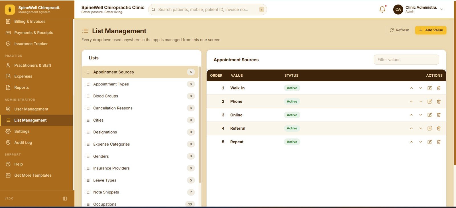 List management for all app dropdowns