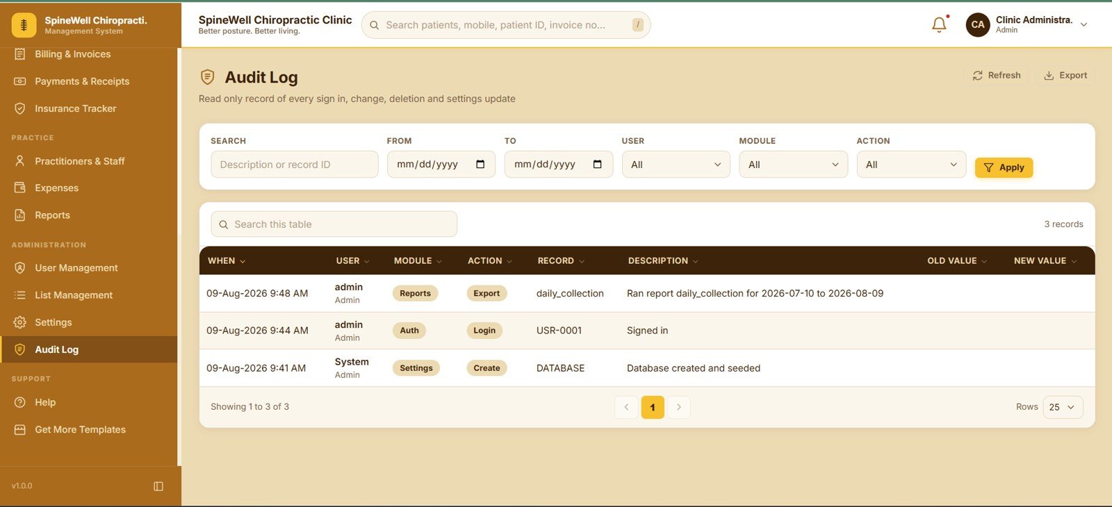Read-only audit log of every change