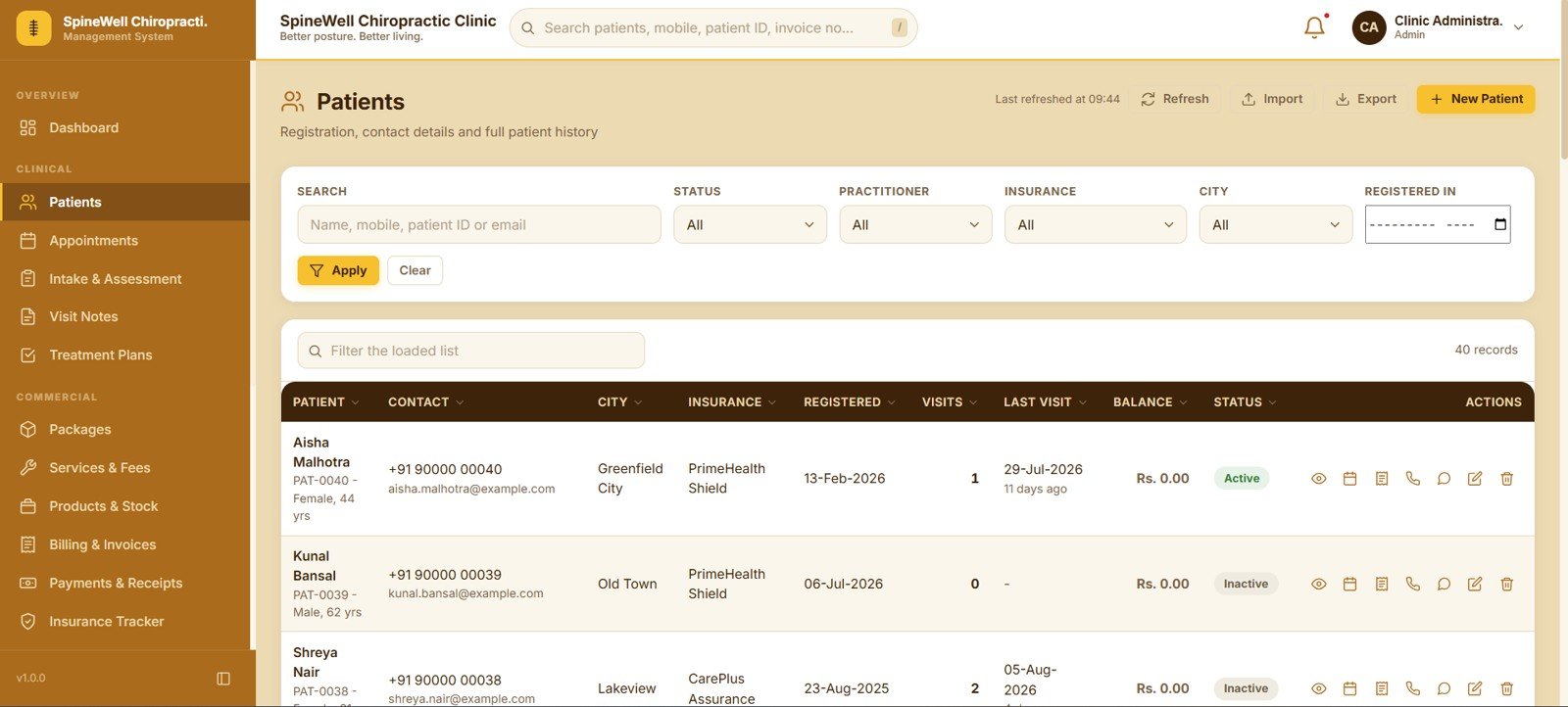 Patient records in the chiropractic clinic web app