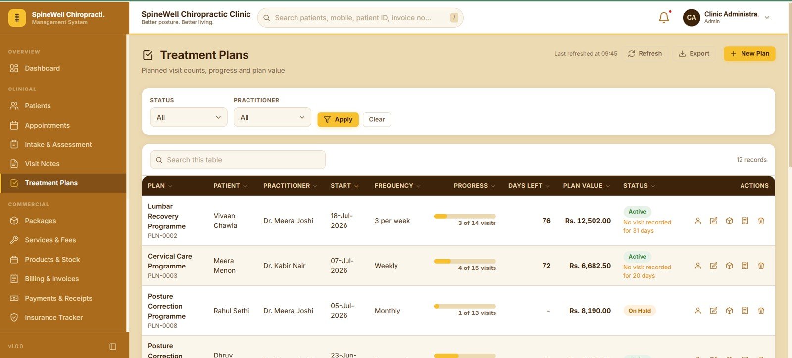 Chiropractic treatment plan progress tracking