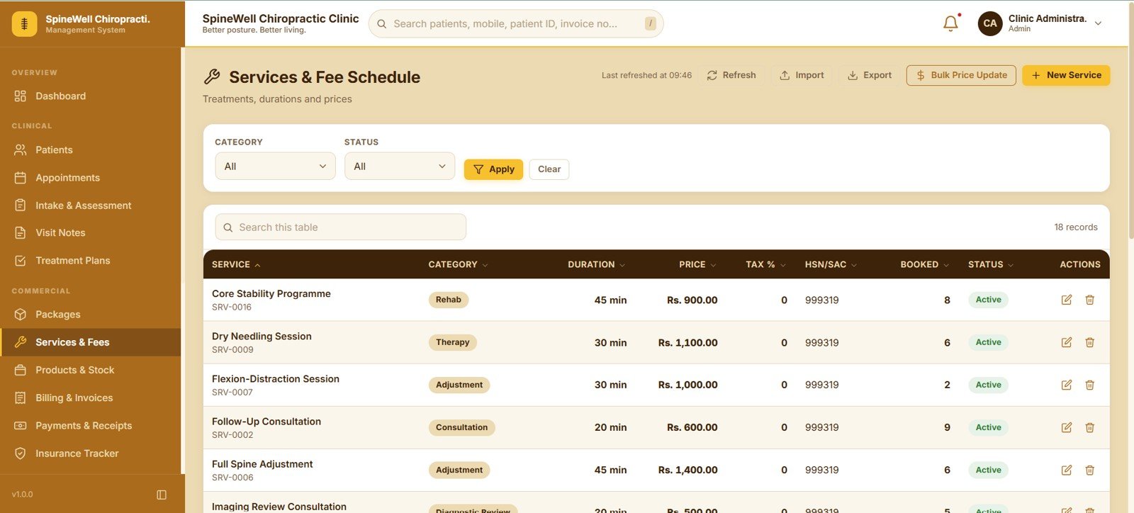 Chiropractic services and fee schedule