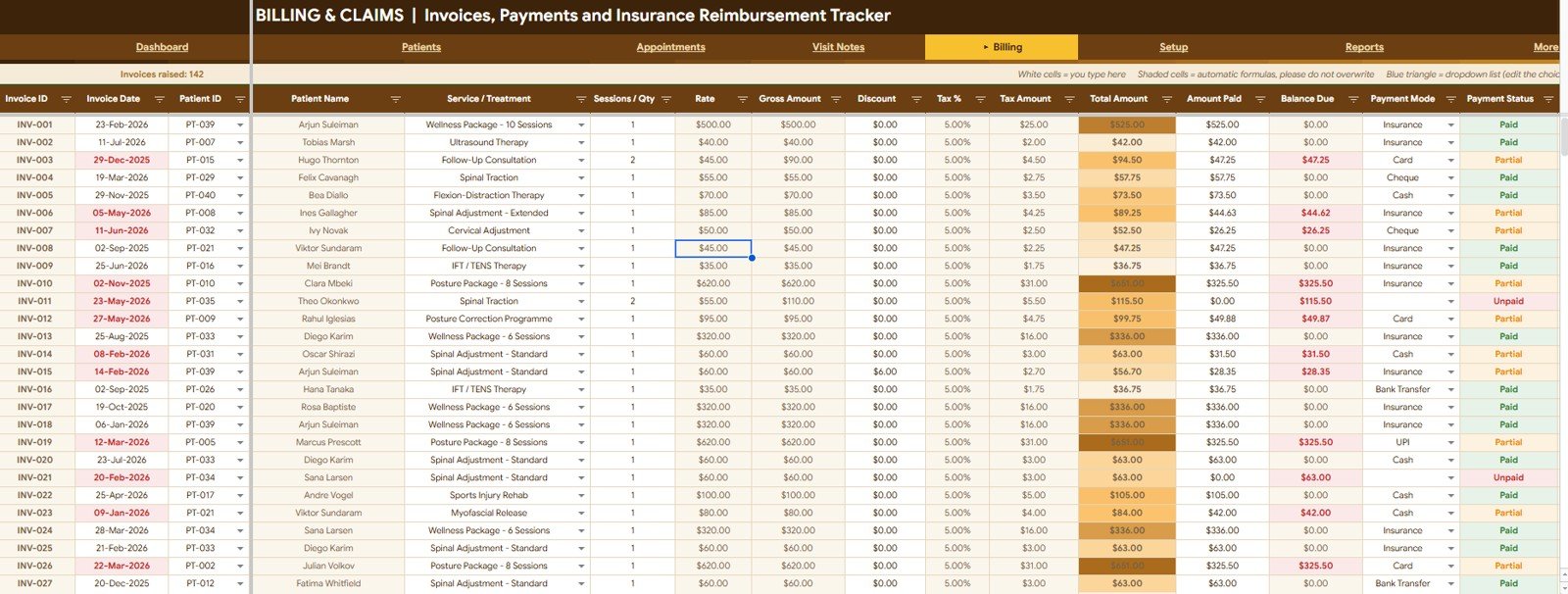 Chiropractic Clinic Management System Tracker in Google Sheets billing and claims sheet