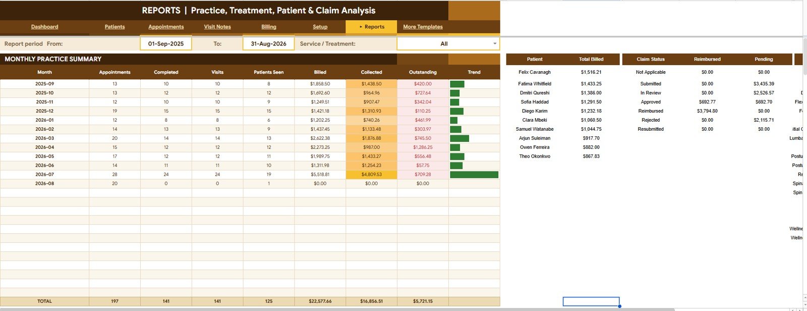 Chiropractic Clinic Management System Tracker in Google Sheets reports sheet tab