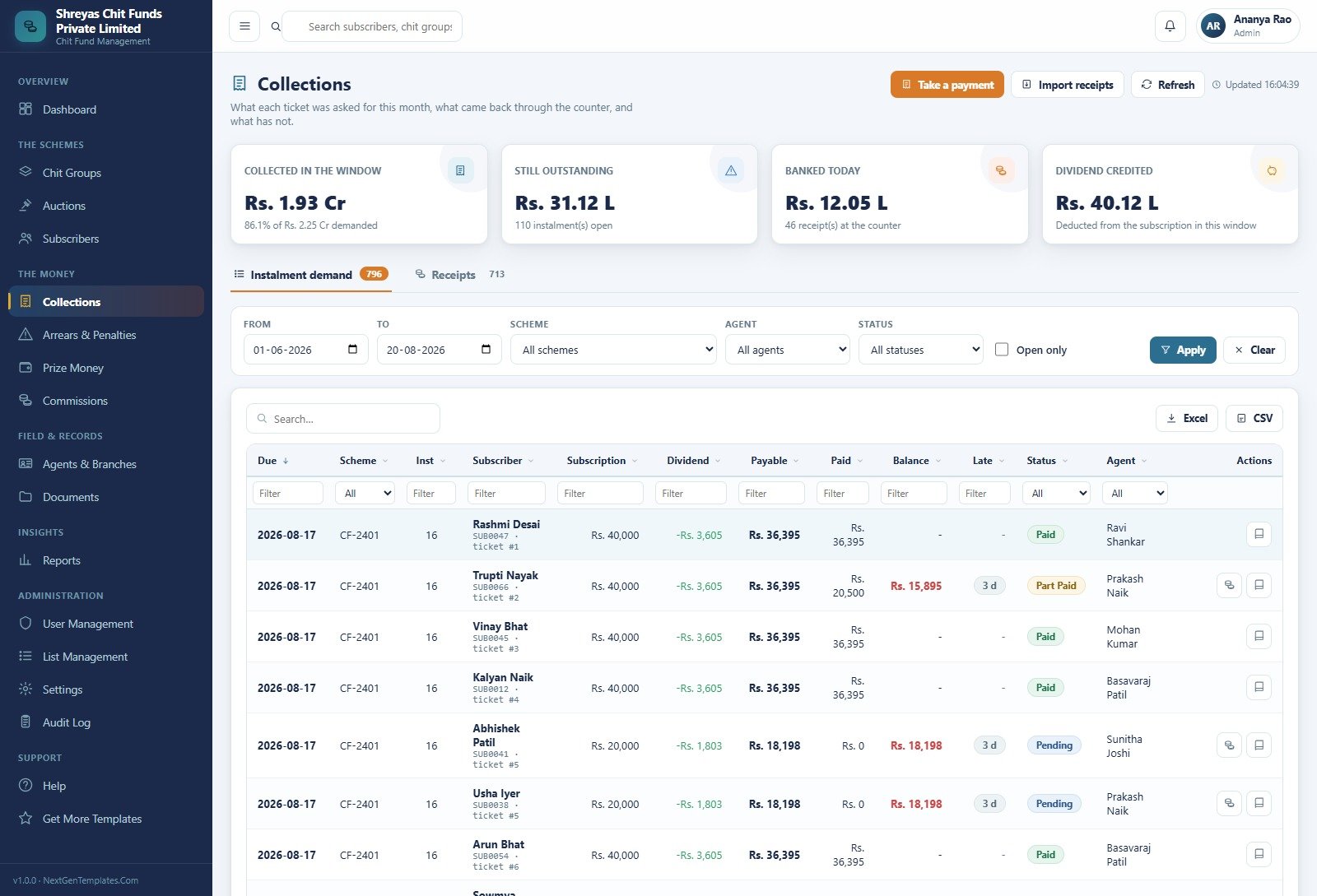 Collections page listing instalment demand with subscription, dividend, payable, paid, balance and status