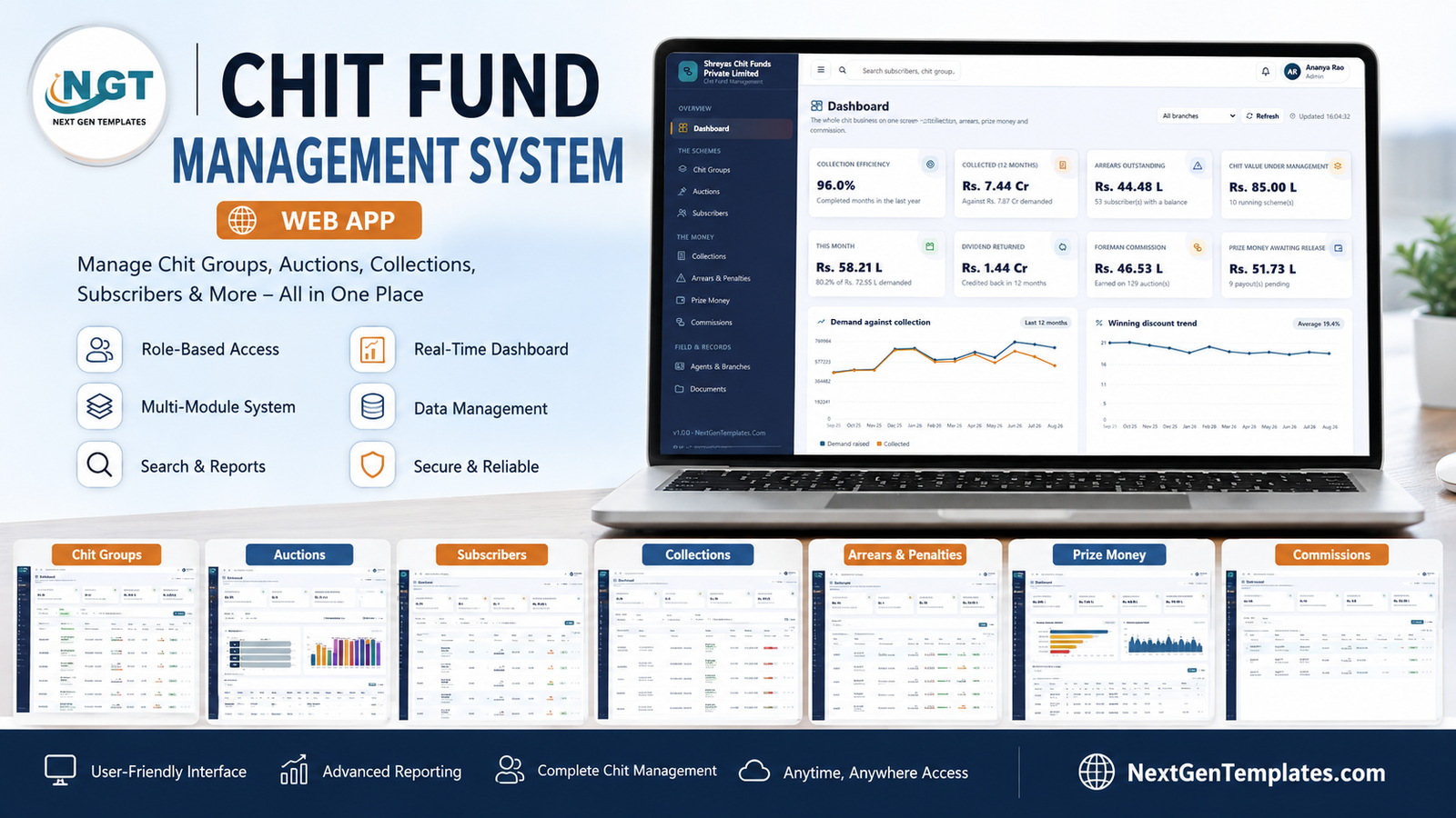 Chit Fund Management System Web App showing the dashboard plus the chit groups, auctions, subscribers, collections, arrears, prize money and commissions screens