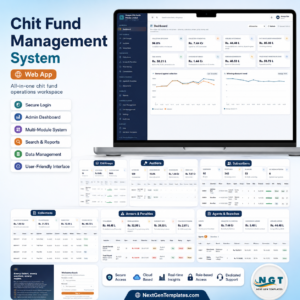 Chit Fund Management System Web App product cover showing the dashboard, chit groups, auctions and collections screens