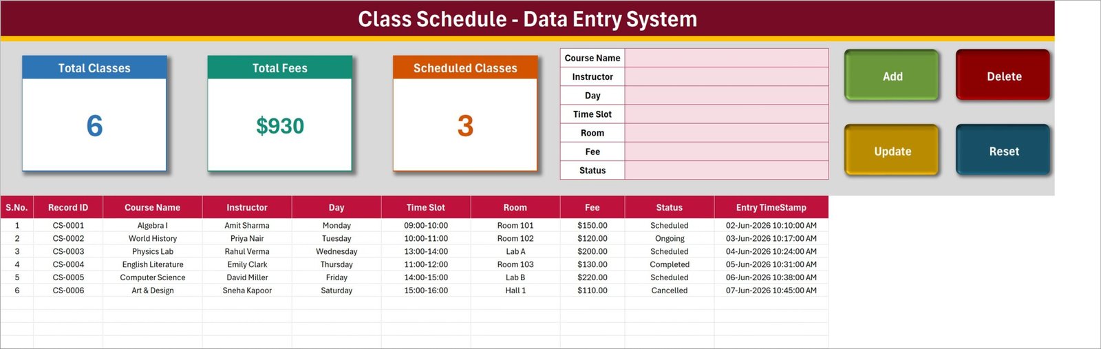 Class Schedule Data Entry System in Excel Data Entry sheet with KPI cards, form and register