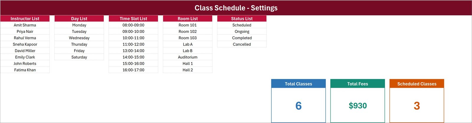 Class Schedule Data Entry System in Excel Setting sheet with five dropdown lists