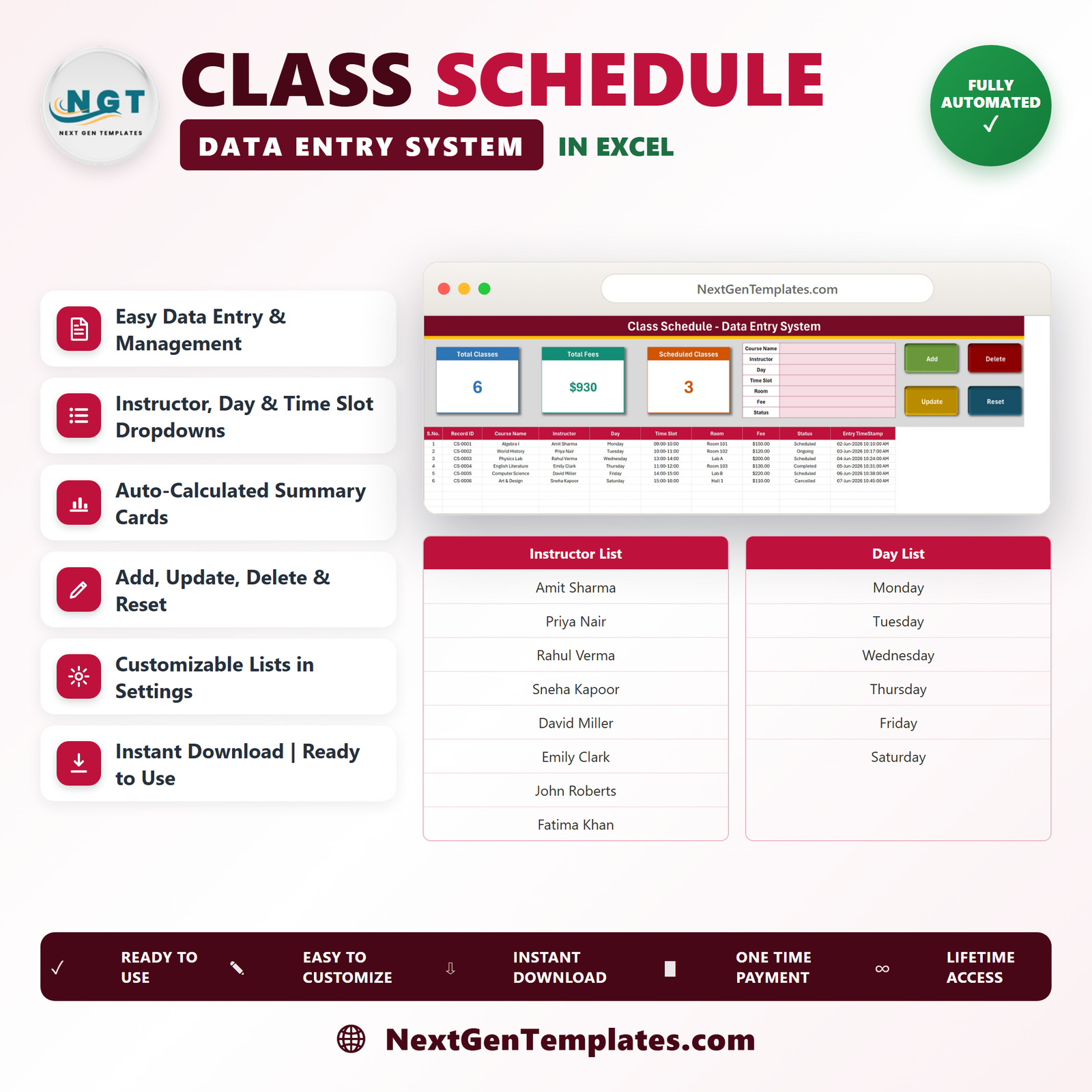 Class Schedule Data Entry System in Excel