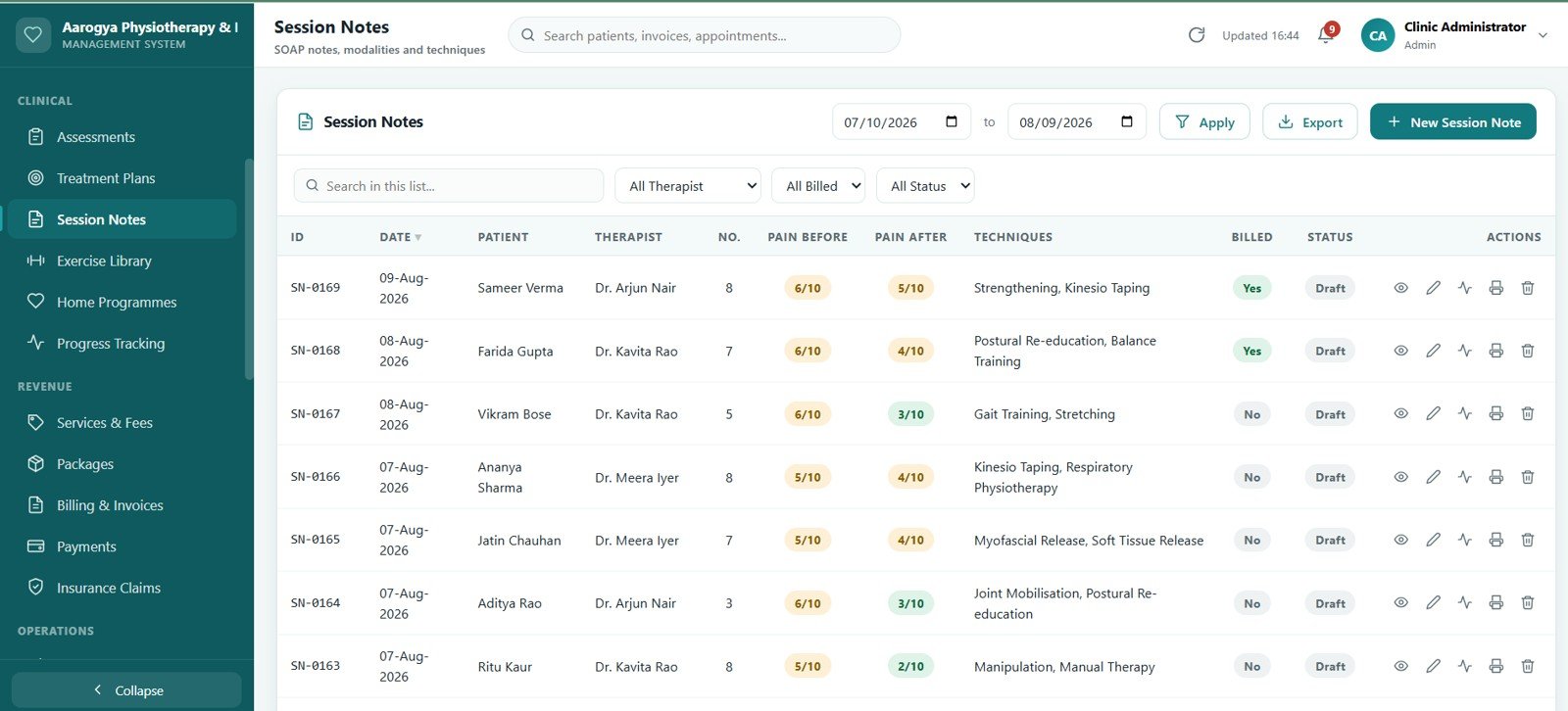 Physiotherapy Clinic Management System Web App - Session Notes