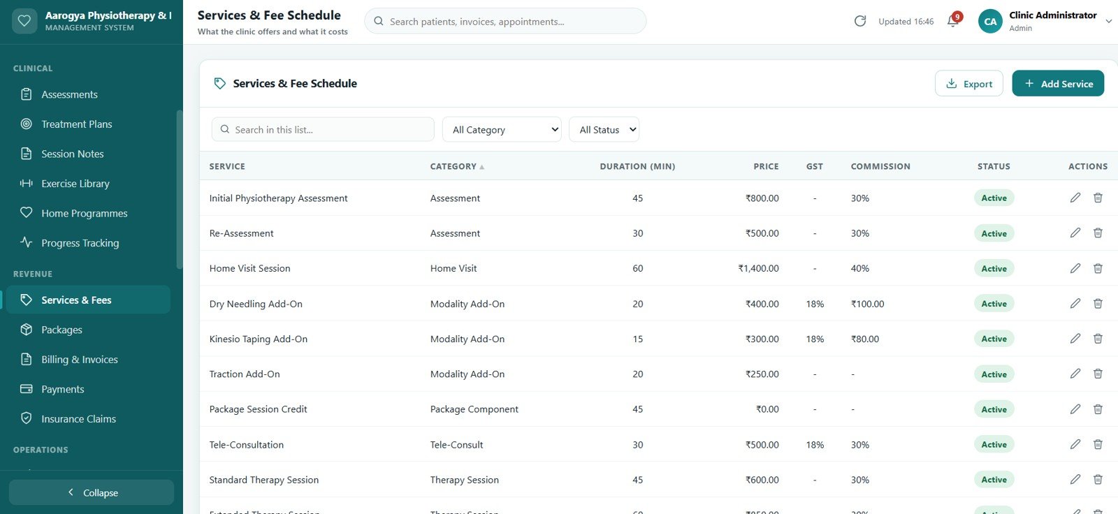 Physiotherapy Clinic Management System Web App - Services and Fee Schedule