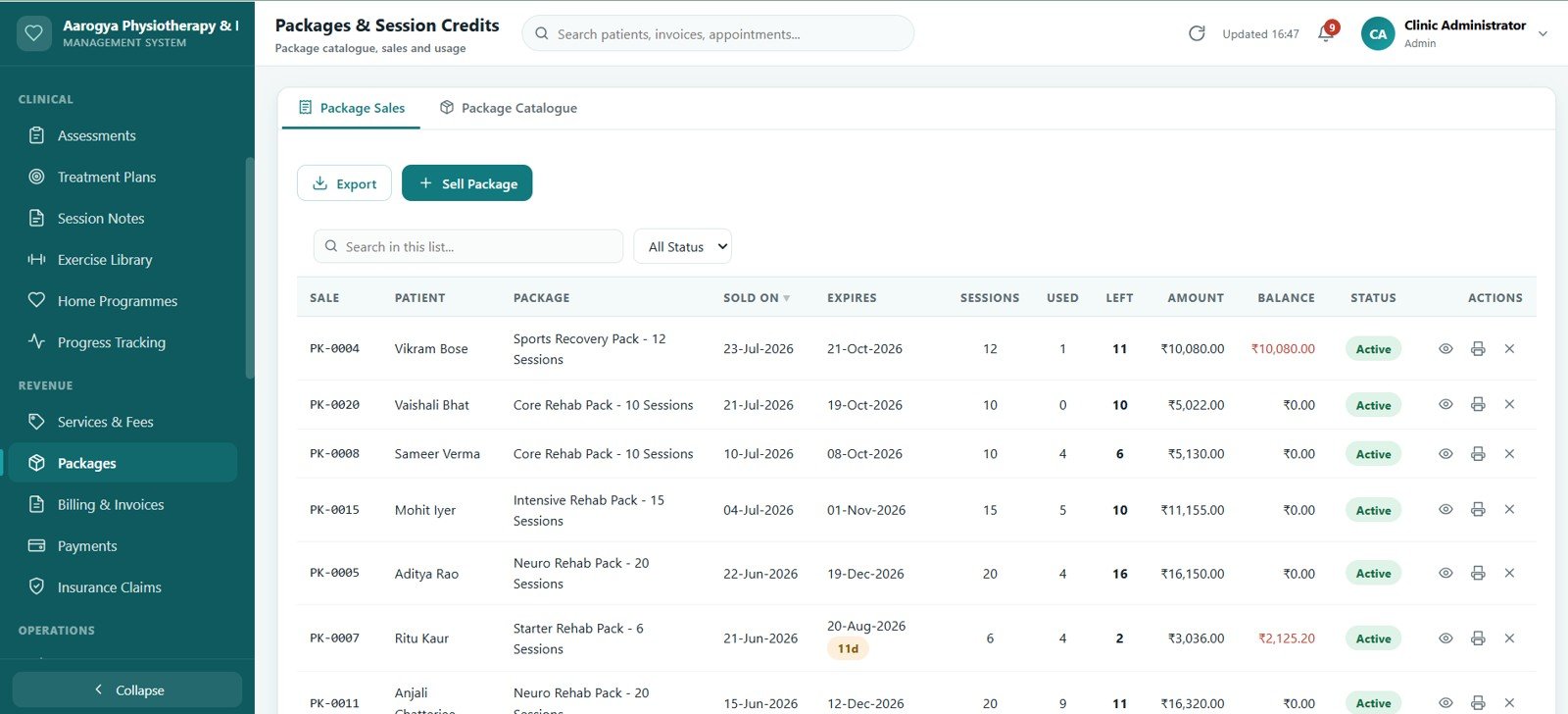 Physiotherapy Clinic Management System Web App - Packages and Session Credits
