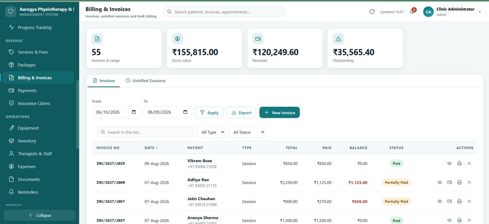 Physiotherapy Clinic Management System Web App - Billing and Invoices