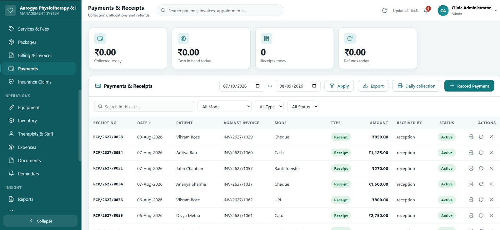 Physiotherapy Clinic Management System Web App - Payments and Receipts