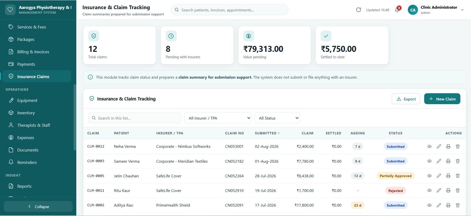 Physiotherapy Clinic Management System Web App - Insurance and Claim Tracking