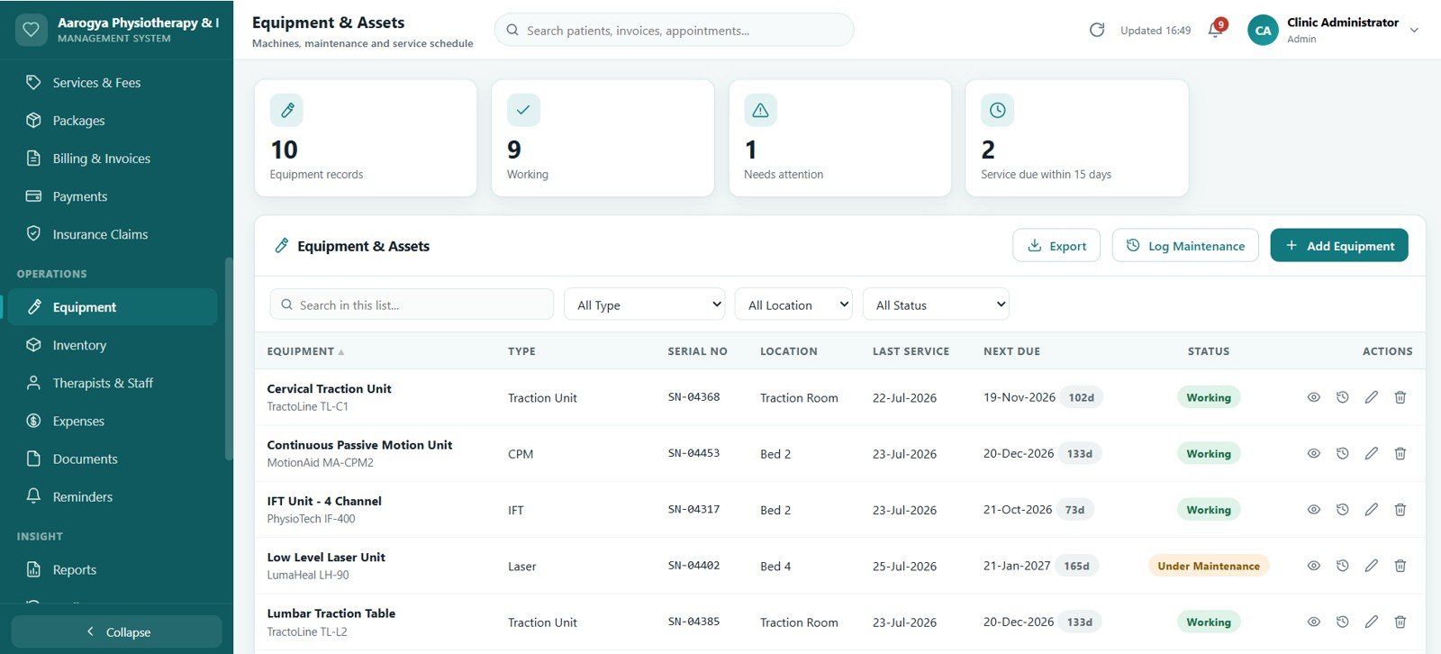 Physiotherapy Clinic Management System Web App - Equipment and Assets