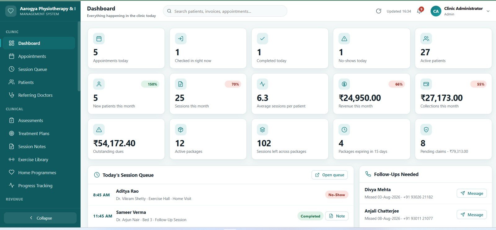 Physiotherapy Clinic Management System Web App - Dashboard