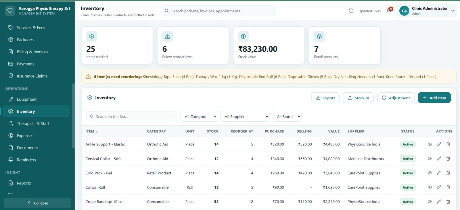 Physiotherapy Clinic Management System Web App - Inventory