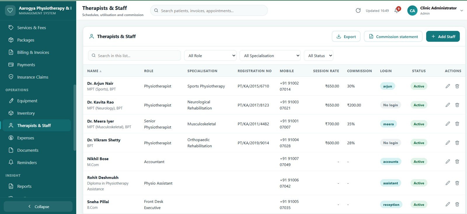 Physiotherapy Clinic Management System Web App - Therapists and Staff