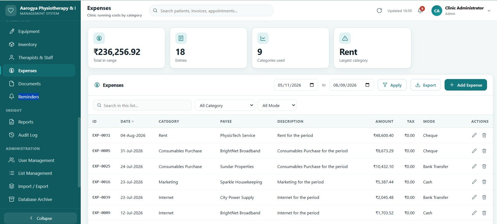 Physiotherapy Clinic Management System Web App - Expenses