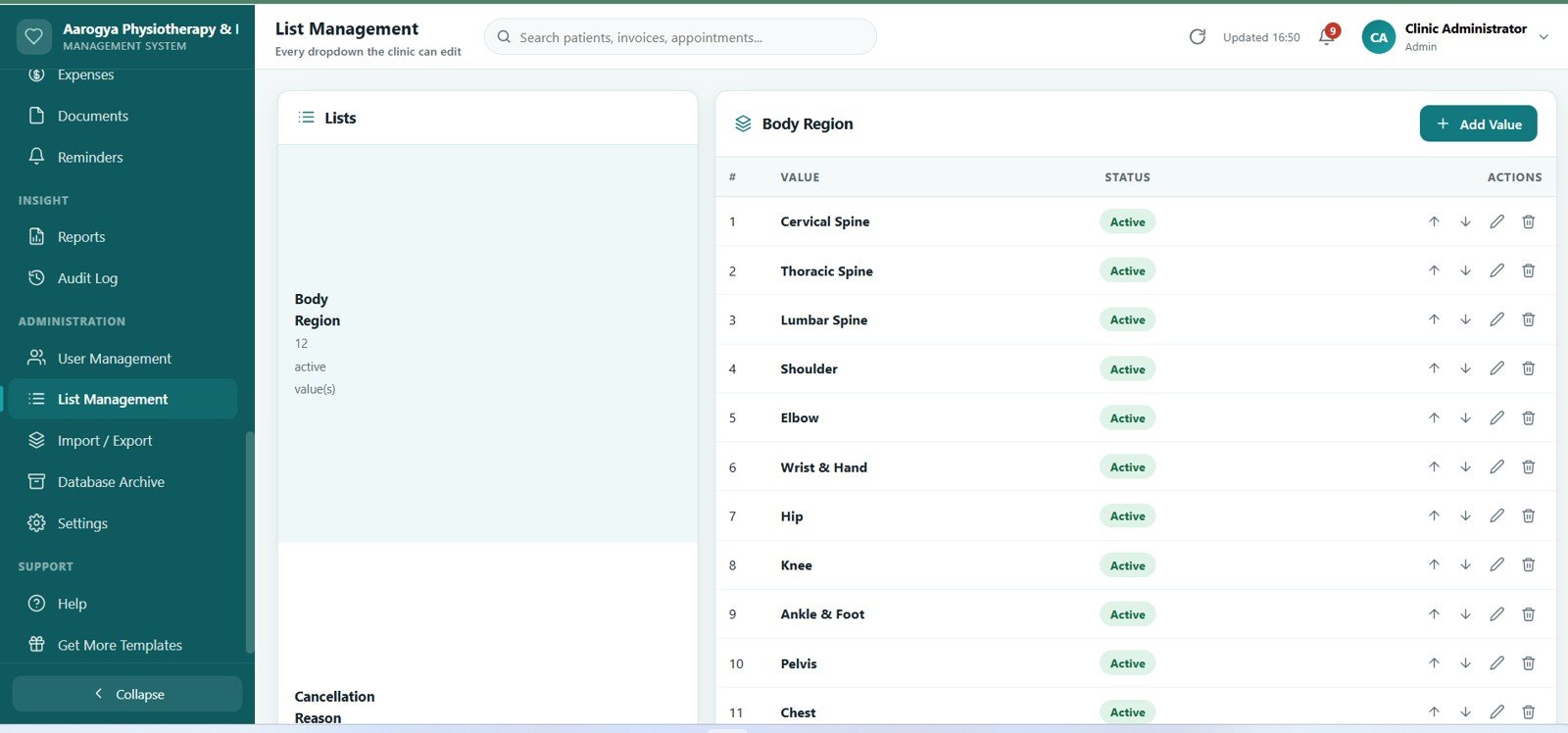 Physiotherapy Clinic Management System Web App - Audit Log