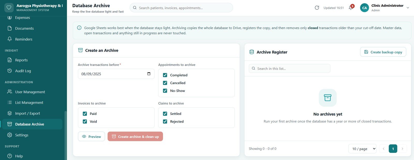 Physiotherapy Clinic Management System Web App - Settings