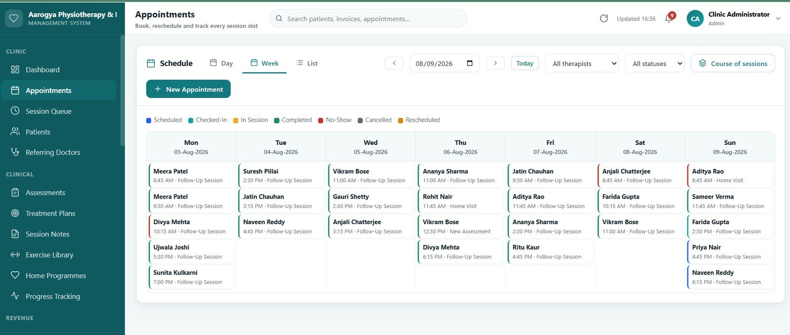 Physiotherapy Clinic Management System Web App - Appointments