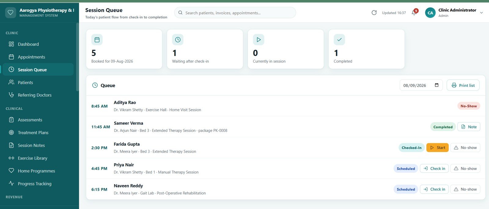 Physiotherapy Clinic Management System Web App - Session Queue