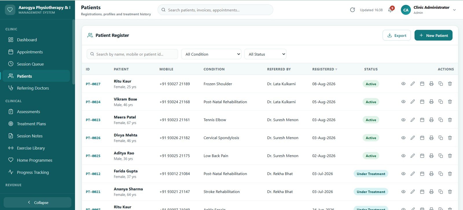 Physiotherapy Clinic Management System Web App - Patients