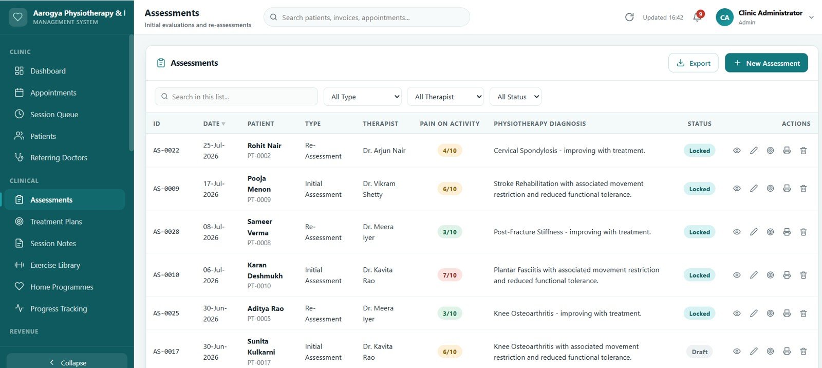 Physiotherapy Clinic Management System Web App - Assessments